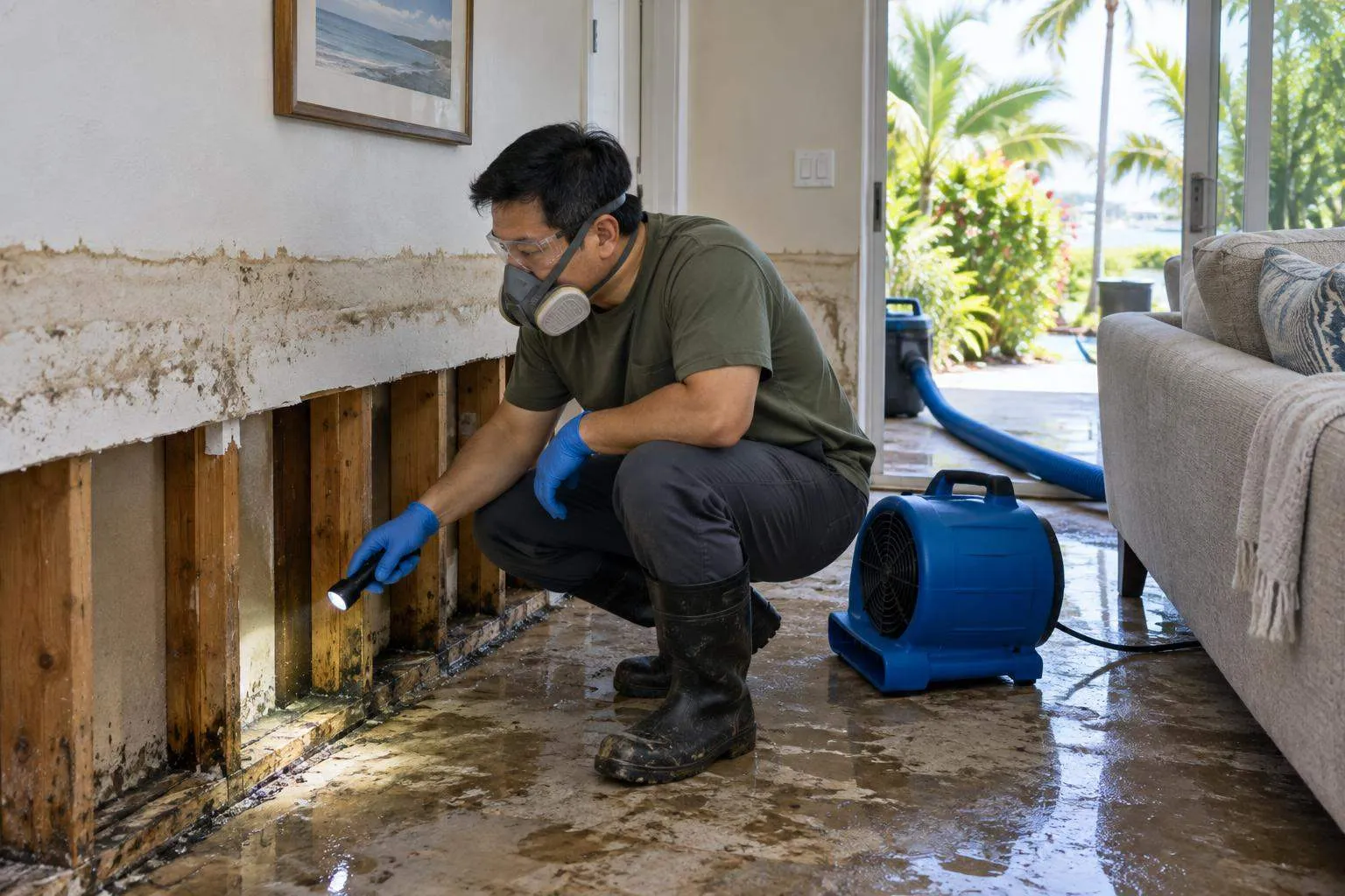 A mold inspector illuminates freshly exposed flood-damp framing as an air mover dries a living-room wall.