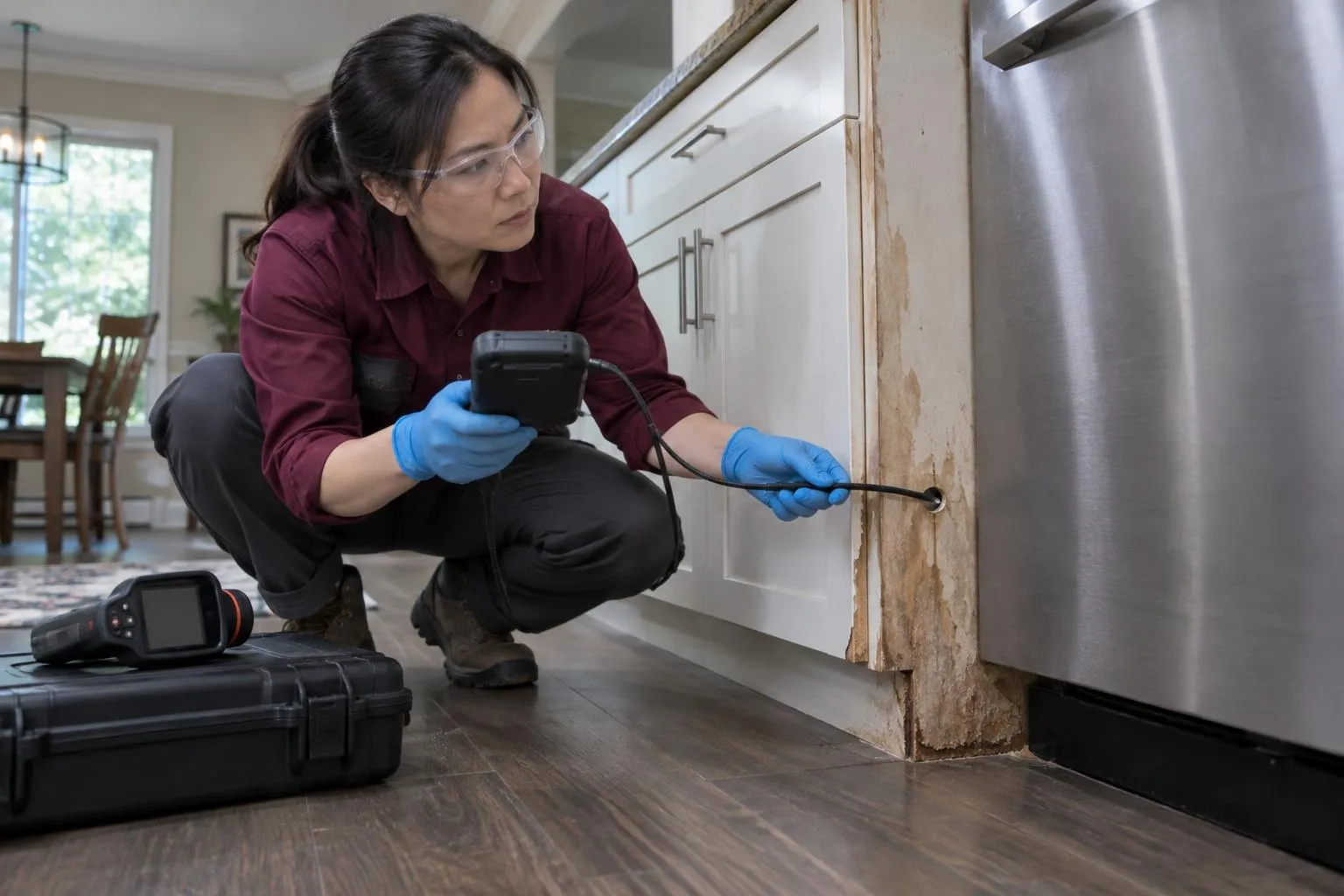 An inspector guides a borescope into a stained kitchen cabinet while an infrared camera rests nearby.