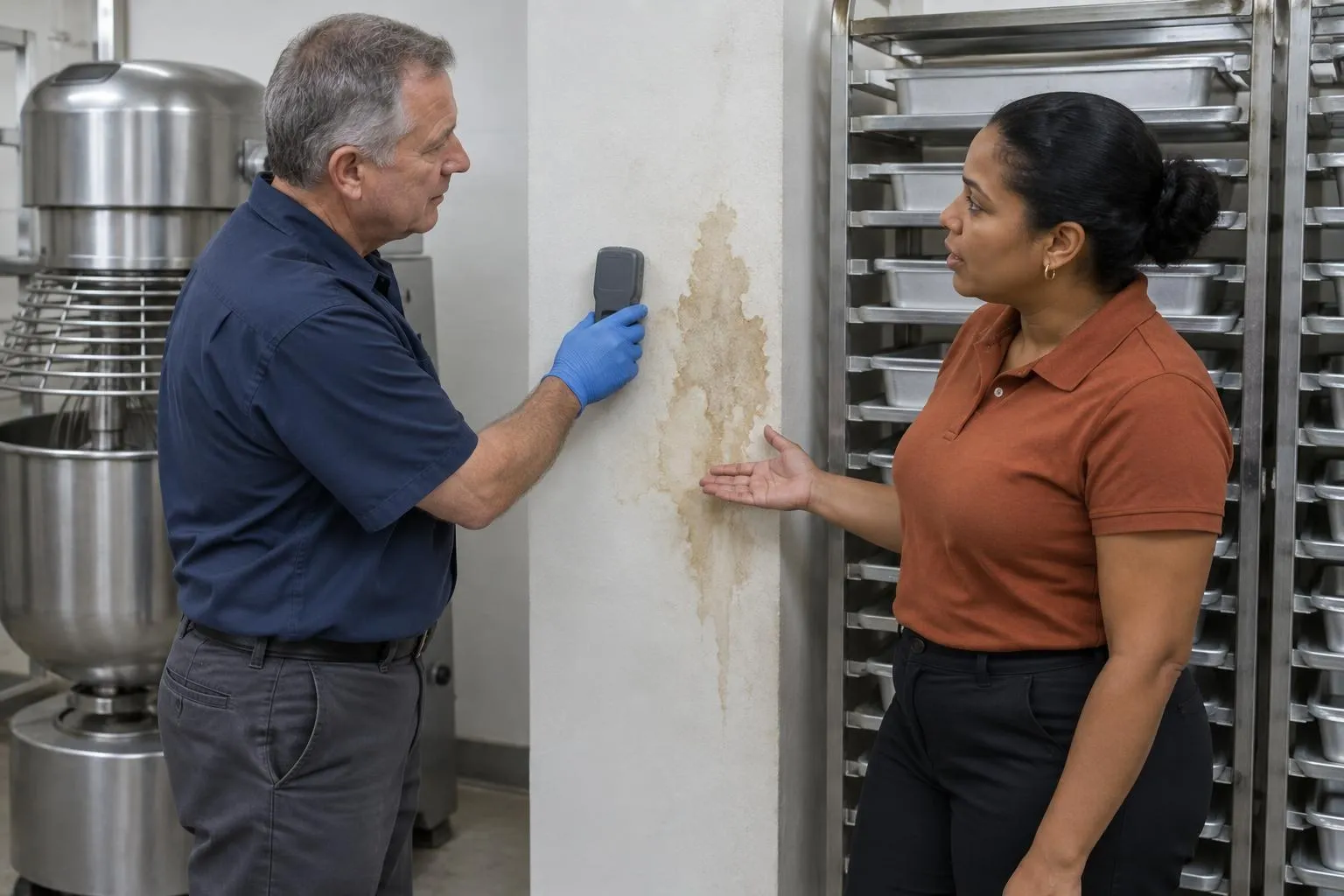 A bakery owner questions a mold inspector as he demonstrates a moisture check beside a localized wall stain.
