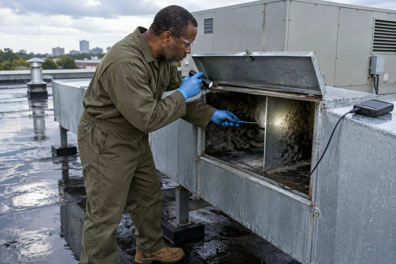A rooftop mold inspector probes behind a ventilation duct baffle, checking a damp pocket concealed from ordinary view.
