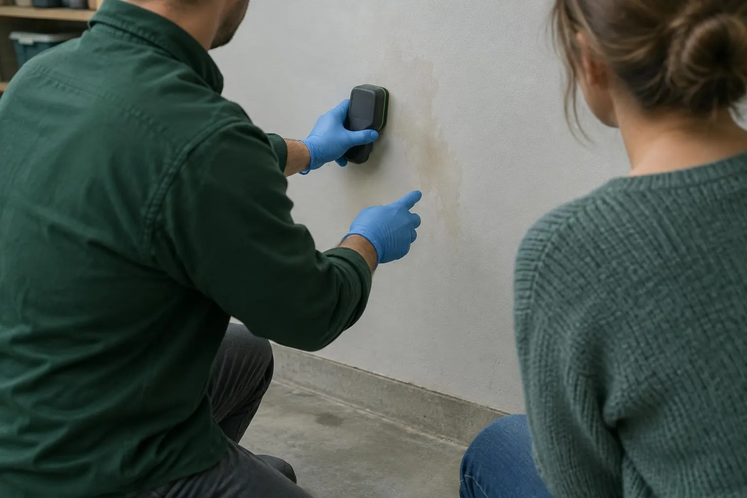 Seen from behind, a mold inspector explains a moisture-meter check to a homeowner beside a stained basement wall.